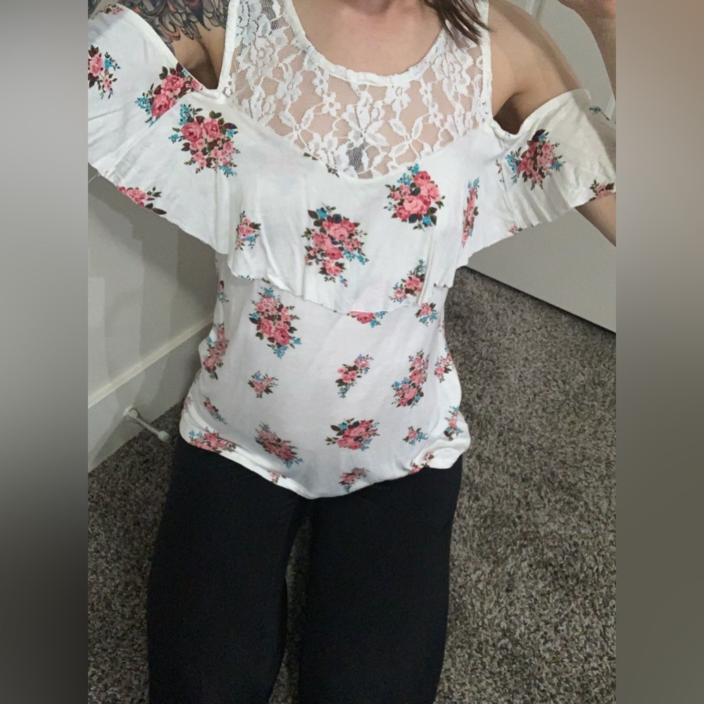 Joe Boxer Cold Shoulder Lace Floral Top